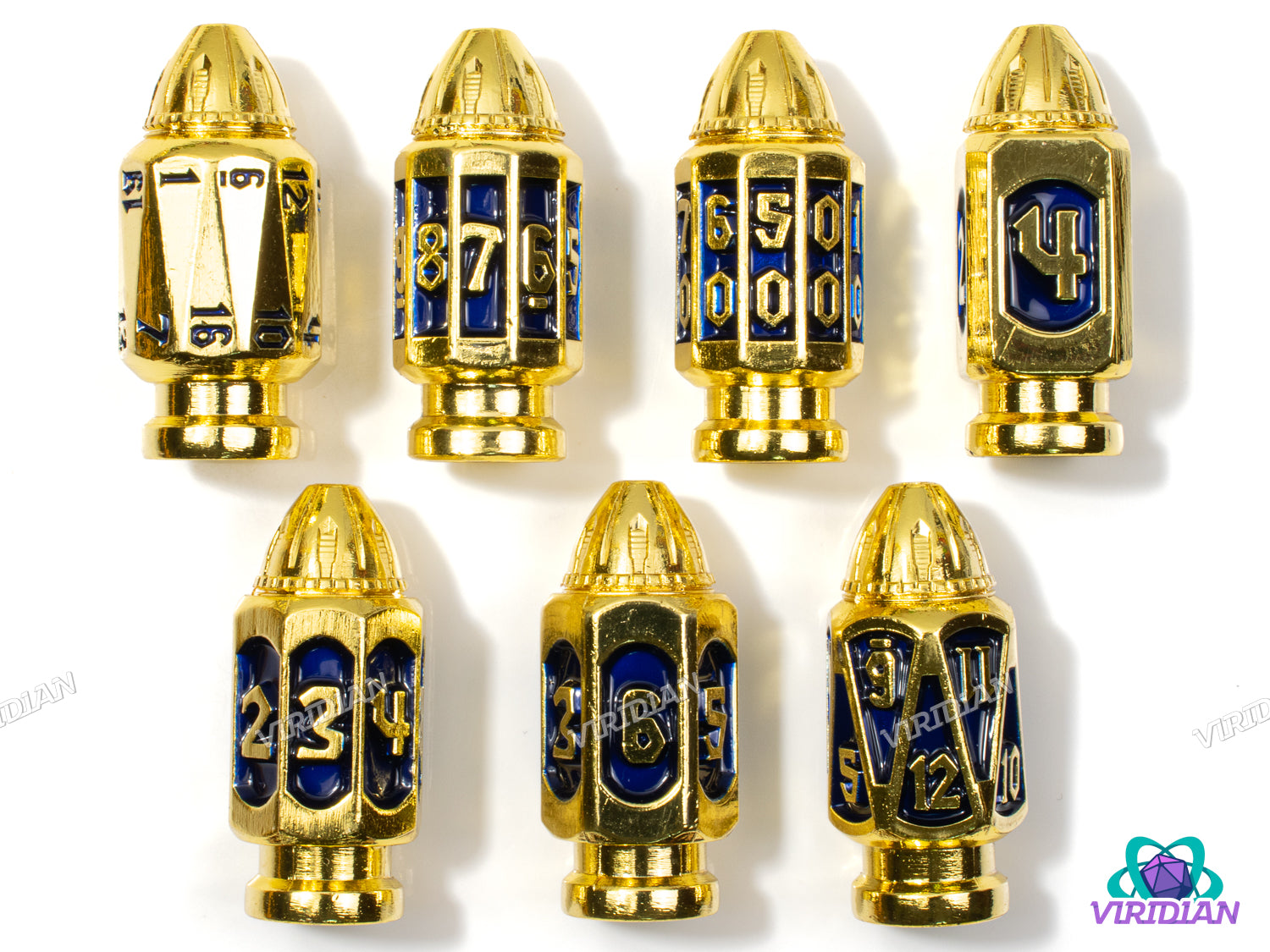 Six Shooter (Gold & Navy Blue) | Shiny Bright Yellow-Gold & Dark Blue Enamel, Faux Bullet Ornate Shape | Metal Dice Set (7)