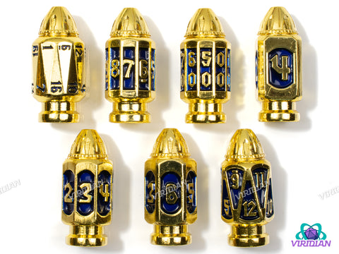 Six Shooter (Gold & Navy Blue) | Shiny Bright Yellow-Gold & Dark Blue Enamel, Faux Bullet Ornate Shape | Metal Dice Set (7)