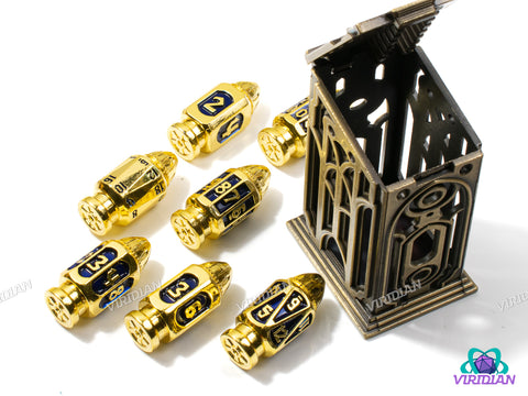 Six Shooter (Gold & Navy Blue) | Shiny Bright Yellow-Gold & Dark Blue Enamel, Faux Bullet Ornate Shape | Metal Dice Set (7)