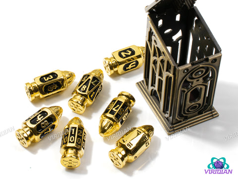 Six Shooter (Gold & Black) | Shiny Bright Yellow-Gold & Black Enamel, Faux Bullet Ornate Shape | Metal Dice Set (7)