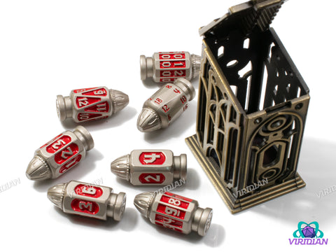 Six-Shooter (Silver & Bright Red) | Matte Silver w Enamel, Faux Bullet Ornate Shape | Metal Dice Set (7)