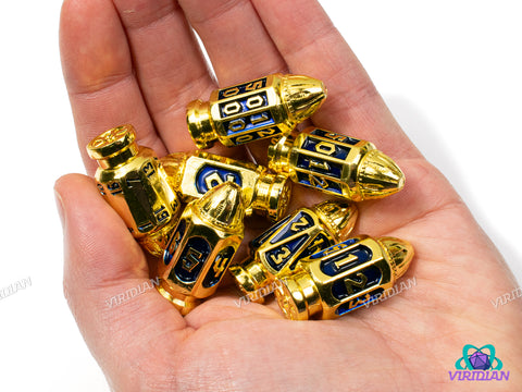 Six Shooter (Gold & Navy Blue) | Shiny Bright Yellow-Gold & Dark Blue Enamel, Faux Bullet Ornate Shape | Metal Dice Set (7)