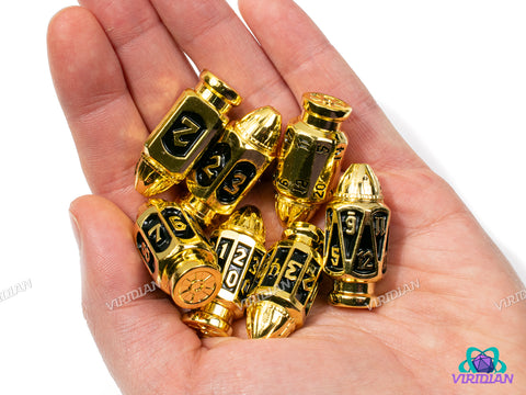 Six Shooter (Gold & Black) | Shiny Bright Yellow-Gold & Black Enamel, Faux Bullet Ornate Shape | Metal Dice Set (7)