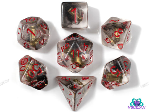 It's High Noon | Clear with Western-Themed Faux Bullet Charm Inside, Black Swirls | Resin Dice Set (7)