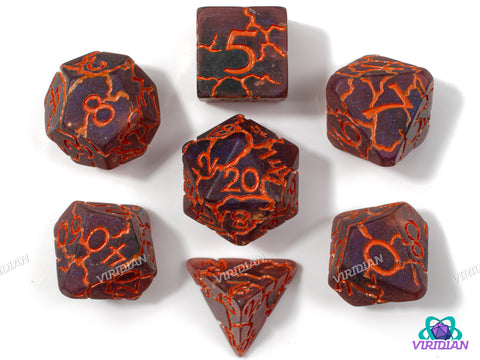 Lava Crags | Semi-Translucent Dark Purple, Red-Orange Lightning Cracked Design | Resin Dice Set (7)