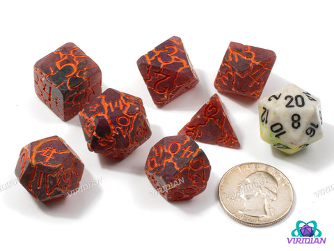 Lava Crags | Semi-Translucent Dark Purple, Red-Orange Lightning Cracked Design | Resin Dice Set (7)