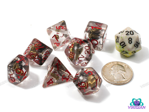 It's High Noon | Clear with Western-Themed Faux Bullet Charm Inside, Black Swirls | Resin Dice Set (7)