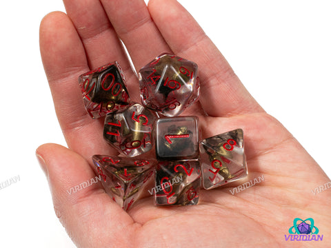 It's High Noon | Clear with Western-Themed Faux Bullet Charm Inside, Black Swirls | Resin Dice Set (7)