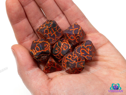 Lava Crags | Semi-Translucent Dark Purple, Red-Orange Lightning Cracked Design | Resin Dice Set (7)