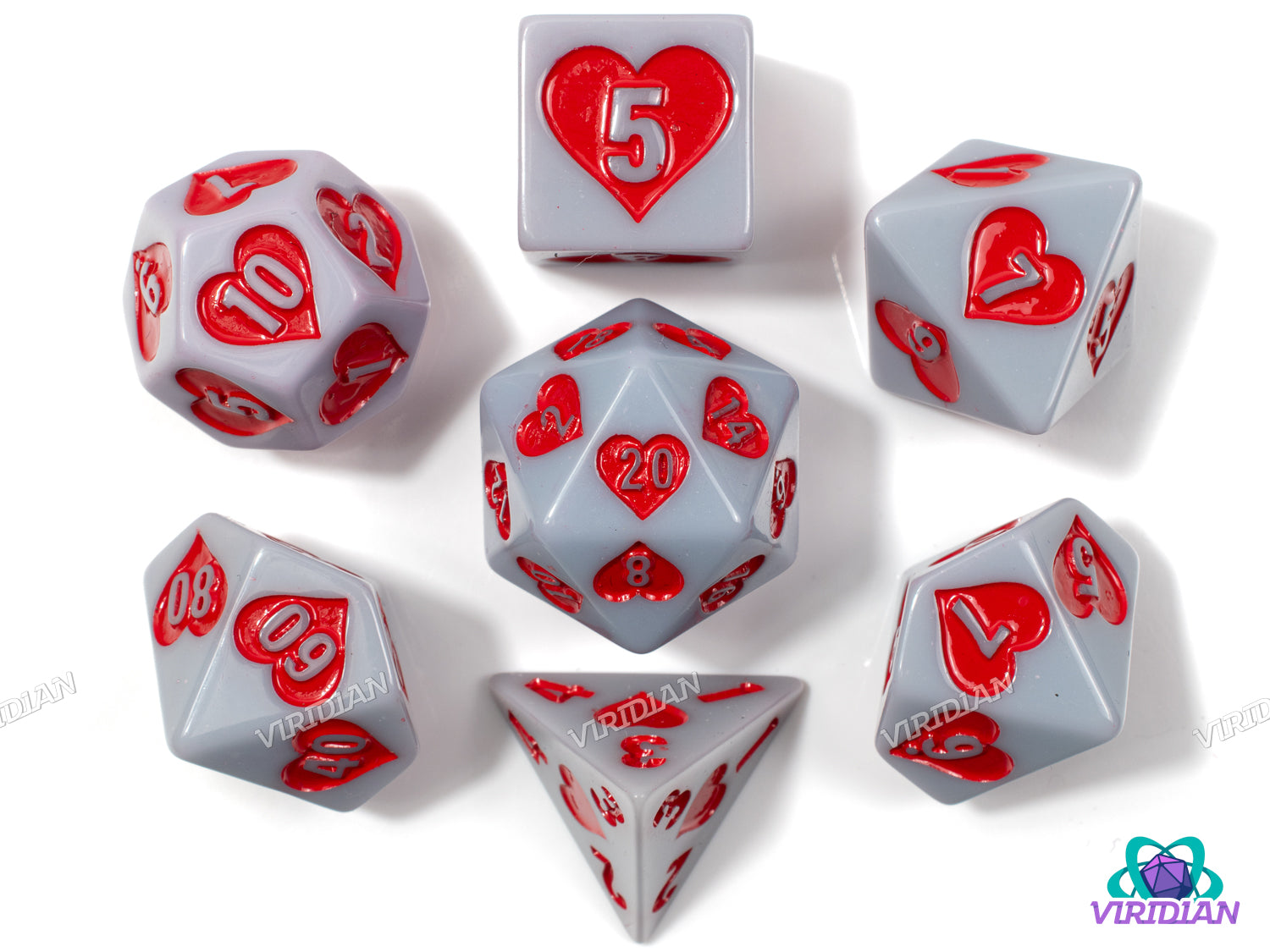 King of Hearts | Light Purple-Grey, Red Heart Design | Resin Dice Set (7)