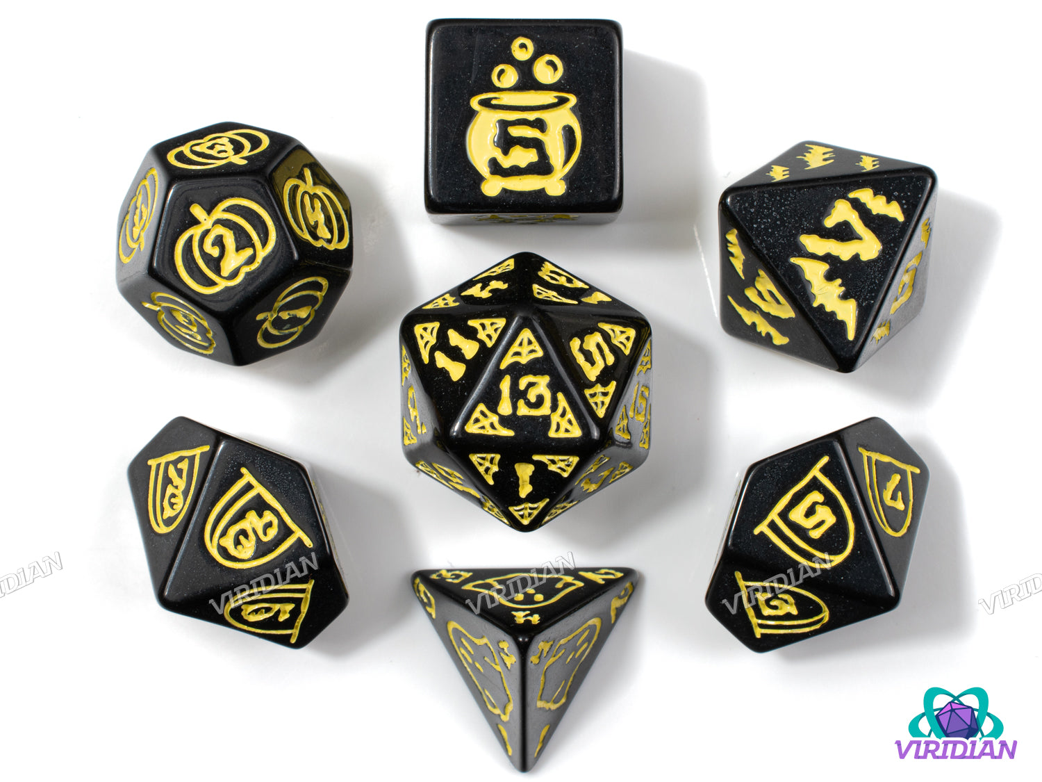 Spooky Scary (Yellow) | Black & Yellow Halloween Themed Designs | Resin Dice Set (7)