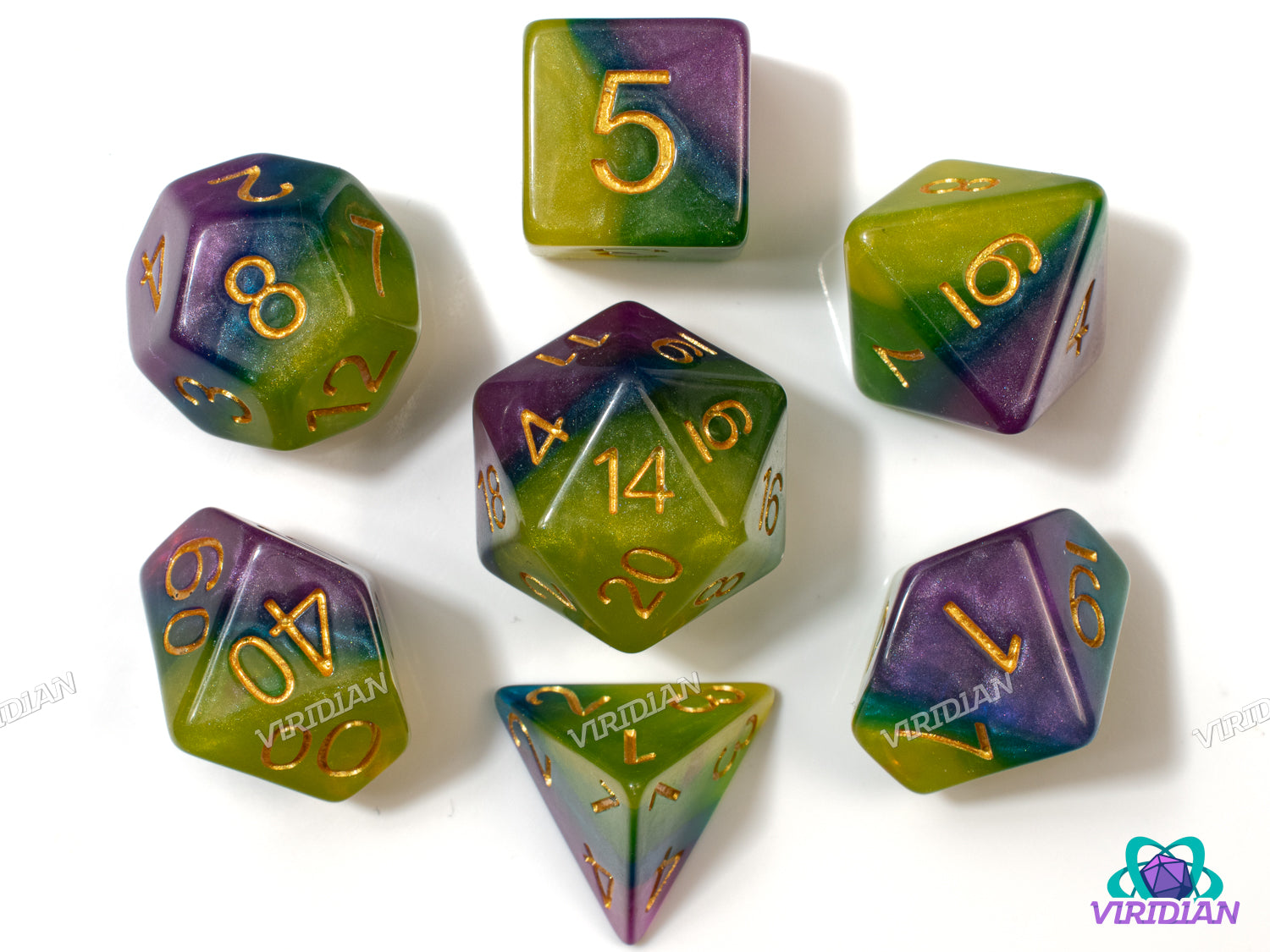 Gemstone Chalice | Shimmery Purple, Blue, Green, and Yellow-Green Layers | Resin Dice Set (7)