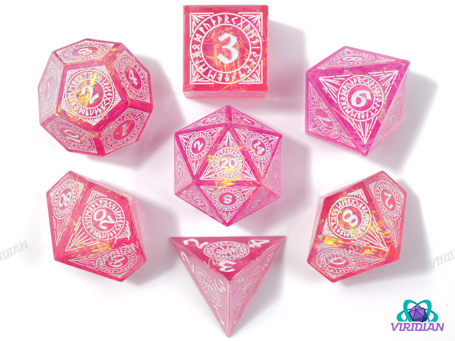 Runic Radiance (Pink & White) | Sharp-Edged, Pink-Orange w Holographic Film, Translucent | Resin Dice Set (7)