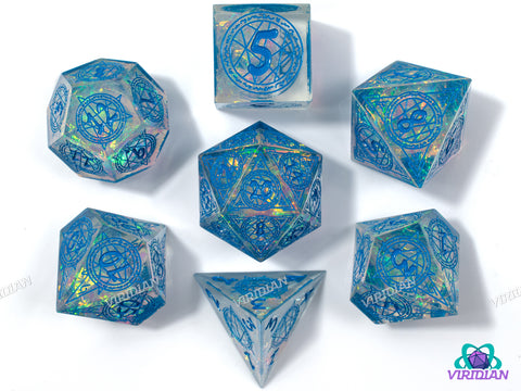 Arcane Circle (Clear & Blue) | Translucent with Steel Blue, Ritual Magic Design Sharp-Edged, Holographic Film, Translucent | Resin Dice Set (7)