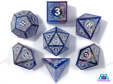 Runic Radiance (Blue-Purple) | Sharp-Edged, Holographic Film/Foil, Translucent | Resin Dice Set (7)