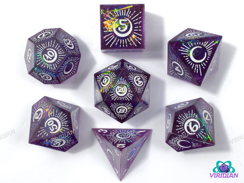 Rising Moon (Purple & White) | Dark Purple-Blue, Eclipse, Sharp-Edged, Multi-colored Holographic Film, Translucent | Resin Dice Set (7)