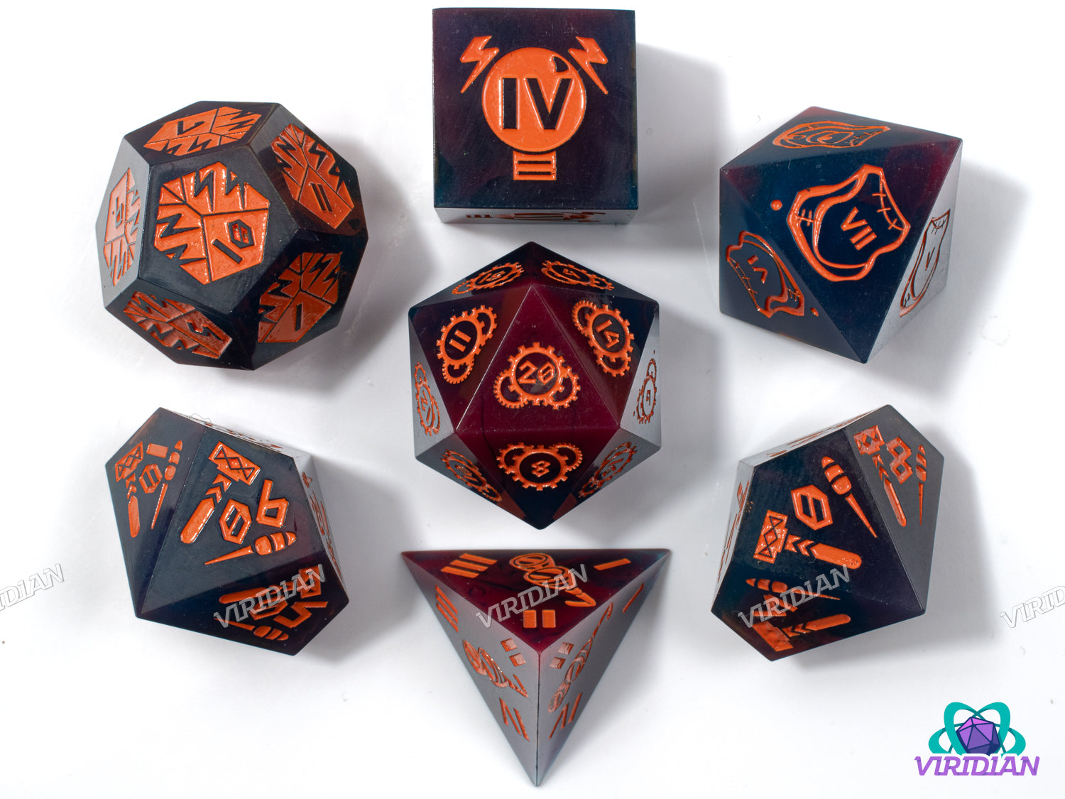 Weird Science | Navy Blue and Deep Magenta, Orange Artificer Designs, Power, Tinkering Tools, Sharp Edged | Resin Dice Set (7) (Copy)