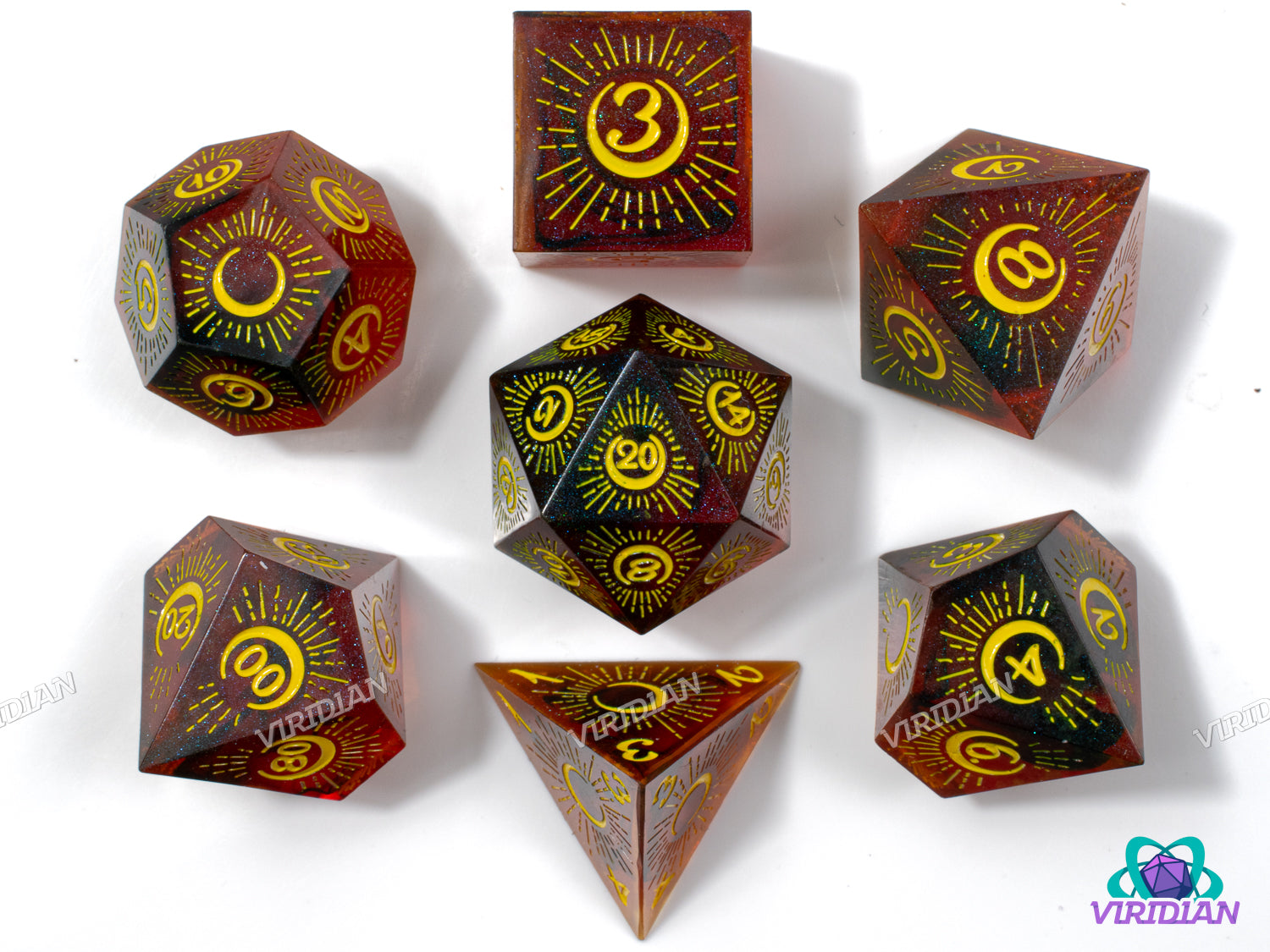 Rising Moon (Dark Red & Yellow) | Glittery Maroon & Black, Yellow Crescent Eclipsing Moon and Ray Designs, Sharp Edged | Resin Dice Set (7)