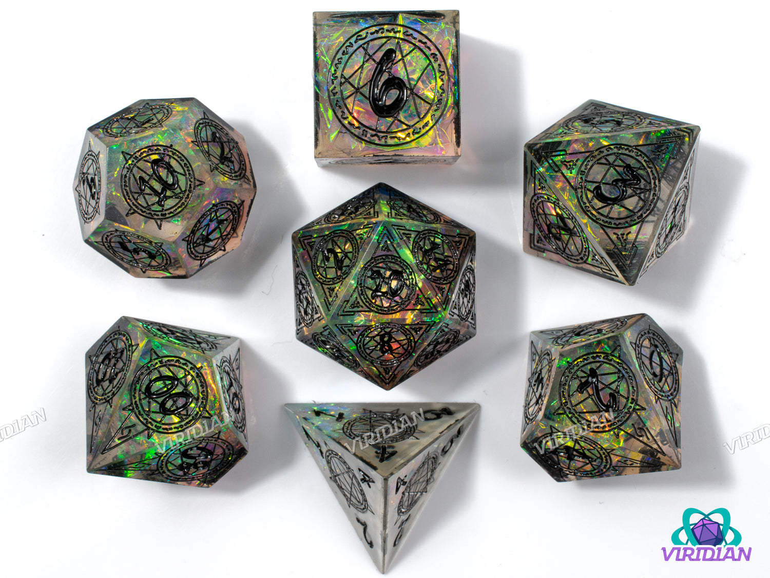 Arcane Circle (Clear & Black) | Translucent with Black, Ritual Magic Design Sharp-Edged, Holographic Film, Translucent | Resin Dice Set (7)