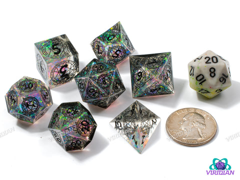 Arcane Circle (Clear & Black) | Translucent with Black, Ritual Magic Design Sharp-Edged, Holographic Film, Translucent | Resin Dice Set (7)