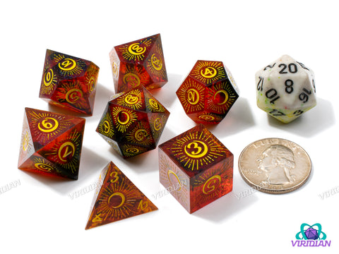 Rising Moon (Dark Red & Yellow) | Glittery Maroon & Black, Yellow Crescent Eclipsing Moon and Ray Designs, Sharp Edged | Resin Dice Set (7)