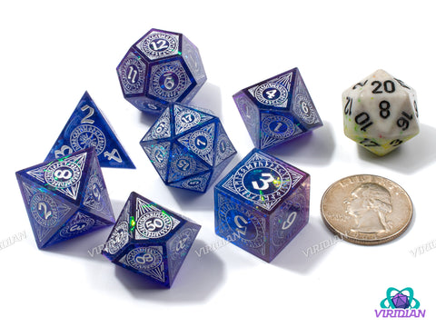 Runic Radiance (Blue-Purple) | Sharp-Edged, Holographic Film/Foil, Translucent | Resin Dice Set (7)