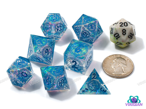 Arcane Circle (Clear & Blue) | Translucent with Steel Blue, Ritual Magic Design Sharp-Edged, Holographic Film, Translucent | Resin Dice Set (7)