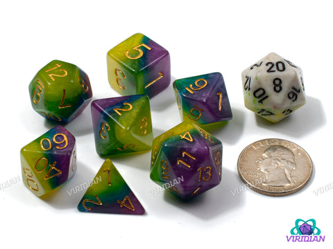 Gemstone Chalice | Shimmery Purple, Blue, Green, and Yellow-Green Layers | Resin Dice Set (7)