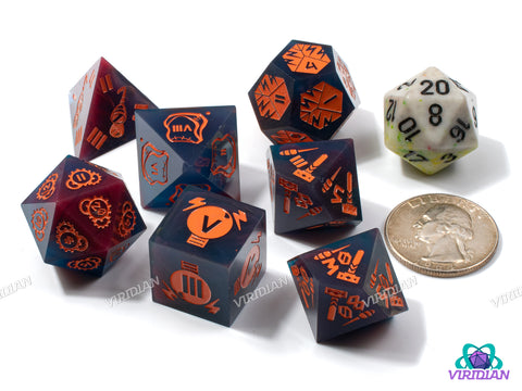 Weird Science | Navy Blue and Deep Magenta, Orange Artificer Designs, Power, Tinkering Tools, Sharp Edged | Resin Dice Set (7) (Copy)