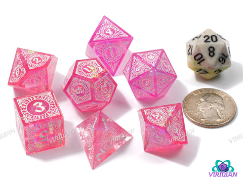 Runic Radiance (Pink & White) | Sharp-Edged, Pink-Orange w Holographic Film, Translucent | Resin Dice Set (7)