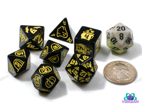 Spooky Scary (Yellow) | Black & Yellow Halloween Themed Designs | Resin Dice Set (7)