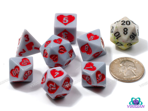 King of Hearts | Light Purple-Grey, Red Heart Design | Resin Dice Set (7)