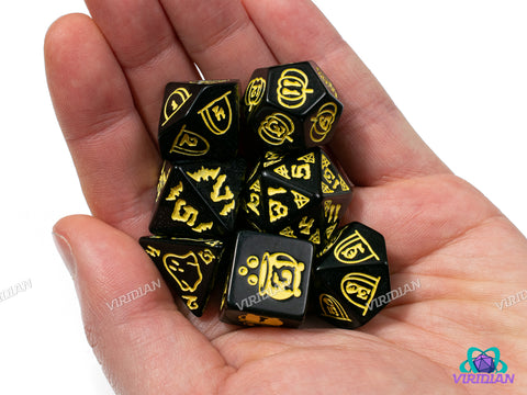 Spooky Scary (Yellow) | Black & Yellow Halloween Themed Designs | Resin Dice Set (7)