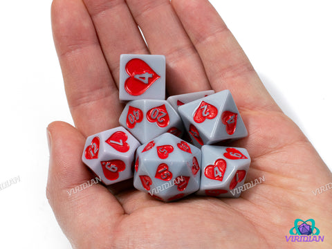 King of Hearts | Light Purple-Grey, Red Heart Design | Resin Dice Set (7)