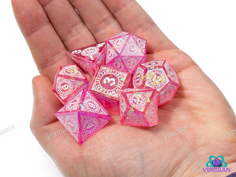 Runic Radiance (Pink & White) | Sharp-Edged, Pink-Orange w Holographic Film, Translucent | Resin Dice Set (7)