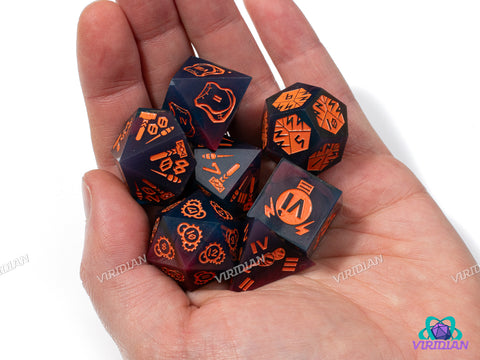 Weird Science | Navy Blue and Deep Magenta, Orange Artificer Designs, Power, Tinkering Tools, Sharp Edged | Resin Dice Set (7) (Copy)