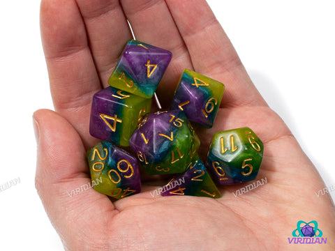 Gemstone Chalice | Shimmery Purple, Blue, Green, and Yellow-Green Layers | Resin Dice Set (7)