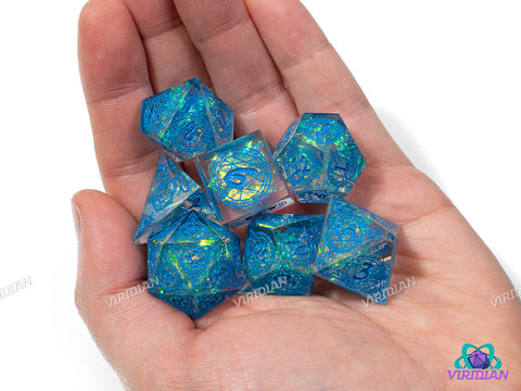 Arcane Circle (Clear & Blue) | Translucent with Steel Blue, Ritual Magic Design Sharp-Edged, Holographic Film, Translucent | Resin Dice Set (7)