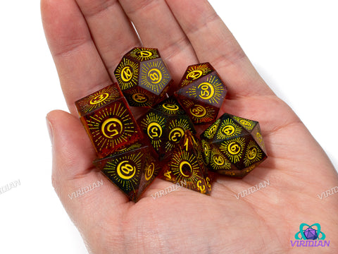 Rising Moon (Dark Red & Yellow) | Glittery Maroon & Black, Yellow Crescent Eclipsing Moon and Ray Designs, Sharp Edged | Resin Dice Set (7)