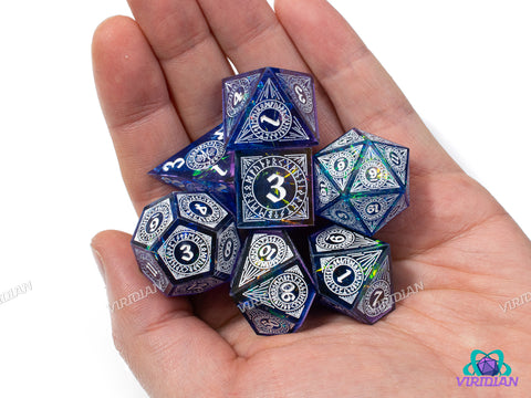 Runic Radiance (Blue-Purple) | Sharp-Edged, Holographic Film/Foil, Translucent | Resin Dice Set (7)