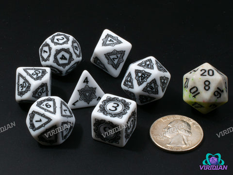 Monochrome Marquee | Matte White, Black Frame, Art Deco Design | Resin Dice Set (7)