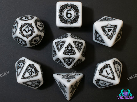 Monochrome Marquee | Matte White, Black Frame, Art Deco Design | Resin Dice Set (7)