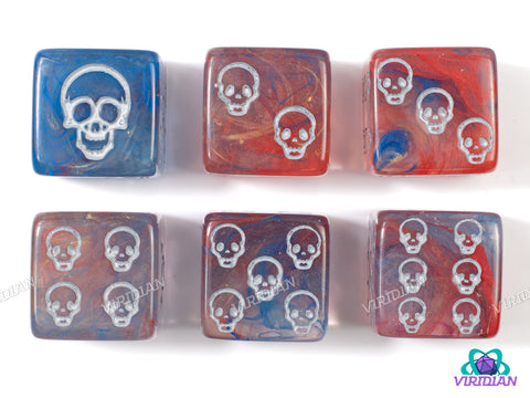 Cold Skull Pips (Set of 6) | Translucent Blue, Violet, & Pink Swirls, Silver Ink | Acrylic D6 Set (6)