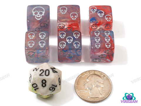 Cold Skull Pips (Set of 6) | Translucent Blue, Violet, & Pink Swirls, Silver Ink | Acrylic D6 Set (6)