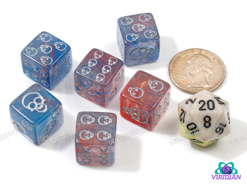 Cold Skull Pips (Set of 6) | Translucent Blue, Violet, & Pink Swirls, Silver Ink | Acrylic D6 Set (6)