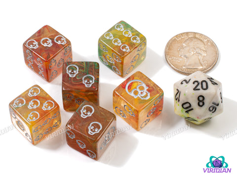 Warm Skull Pips (Set of 6) | Translucent Orange, Yellow, Red & Green Swirls | Acrylic D6 Set (6)