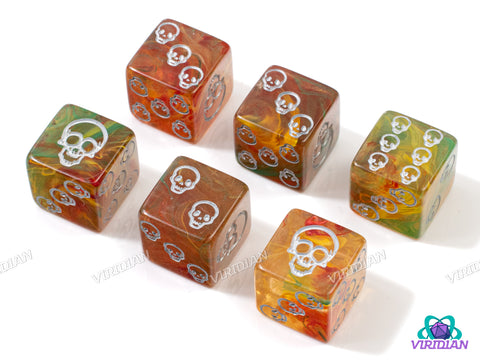 Warm Skull Pips (Set of 6) | Translucent Orange, Yellow, Red & Green Swirls | Acrylic D6 Set (6)