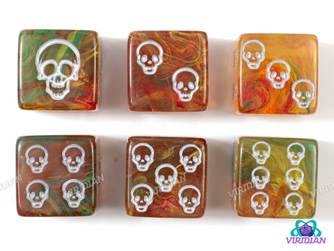 Warm Skull Pips (Set of 6) | Translucent Orange, Yellow, Red & Green Swirls | Acrylic D6 Set (6)