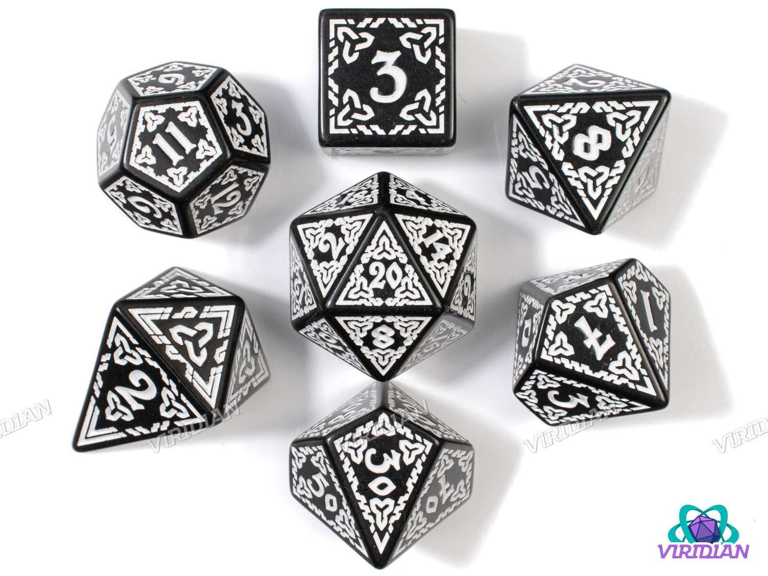 Celtic Knots: Lugh | Ornate Black & White Stylized Interweaved | Acrylic Dice Set (7)