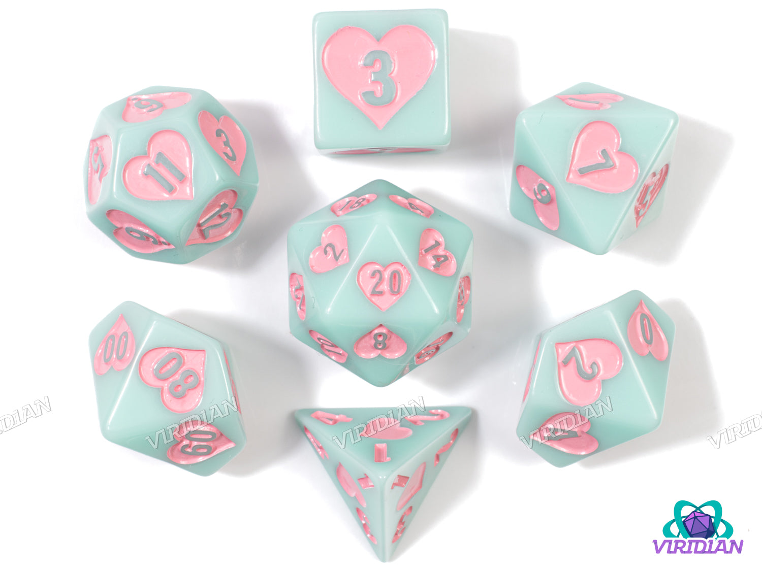 Seaside Sweetheart | Light Pastel Aqua-Teal, Pink Heart Design | Resin Dice Set (7)